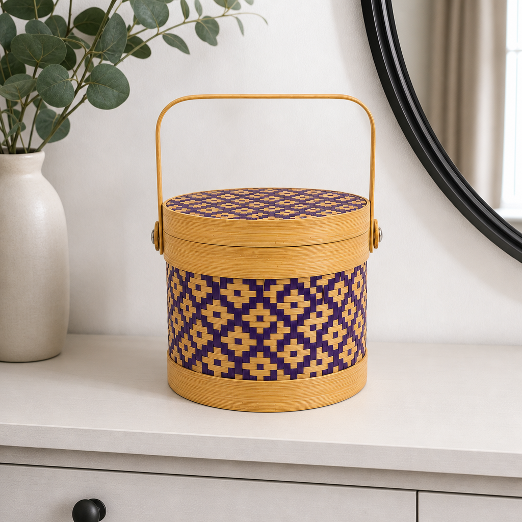 96 Pieces Round Woven Storage Box with Lid, Purple Pattern, 14 x 12 cm