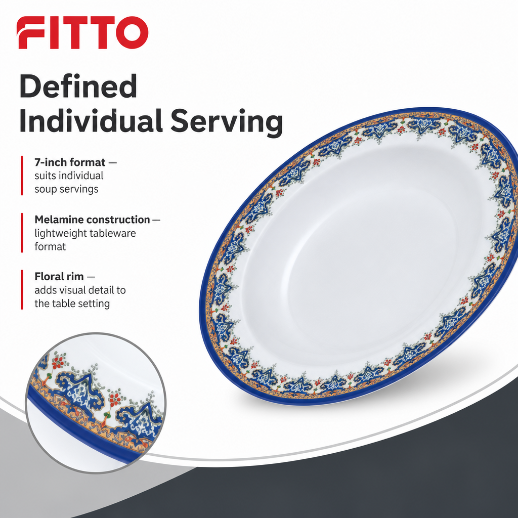 144 Pieces Melamine Soup Plate, 7 Inch, White With Floral Rim
