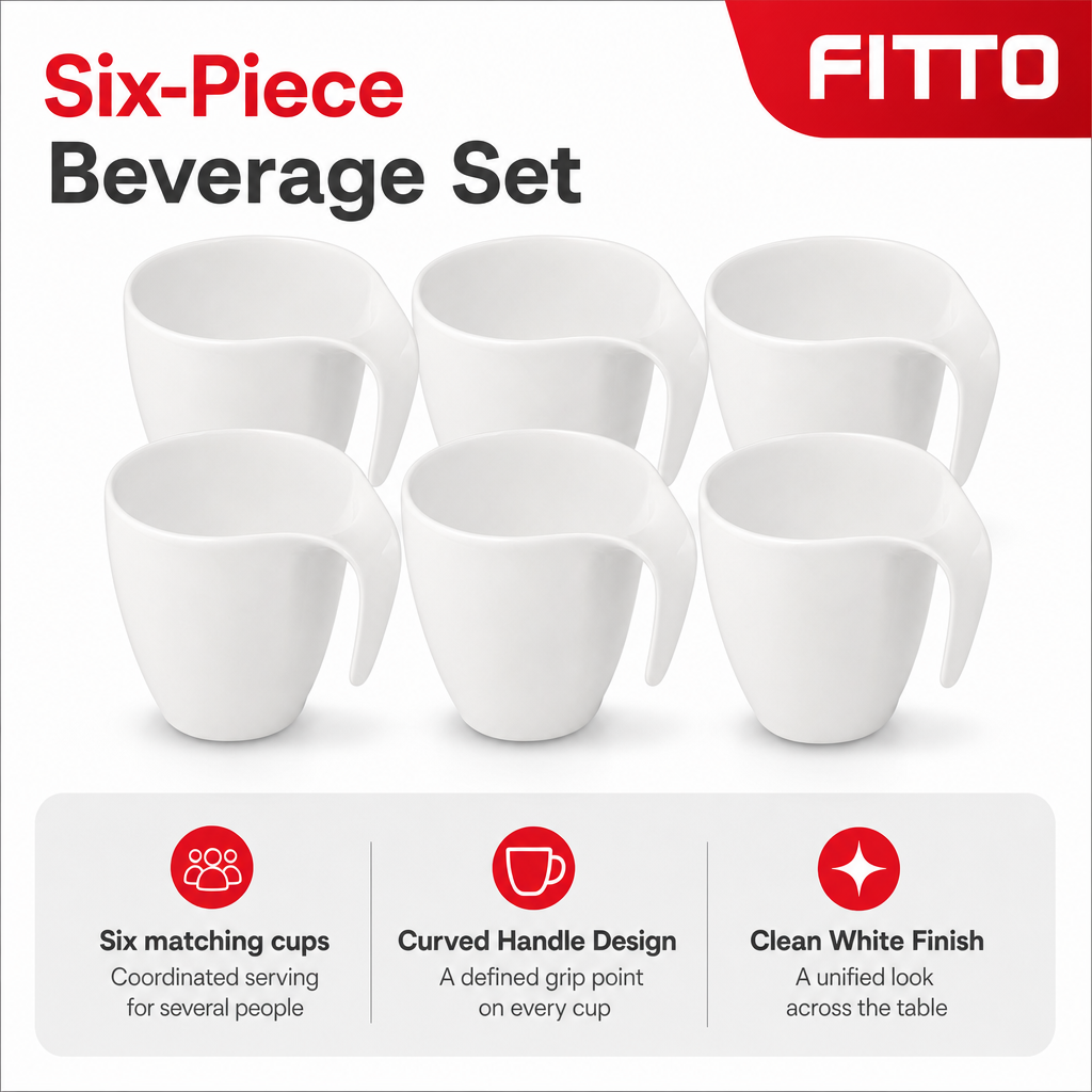 60 Pieces Ceramic Coffee Cups with Curved Handles, White, 6 Pieces