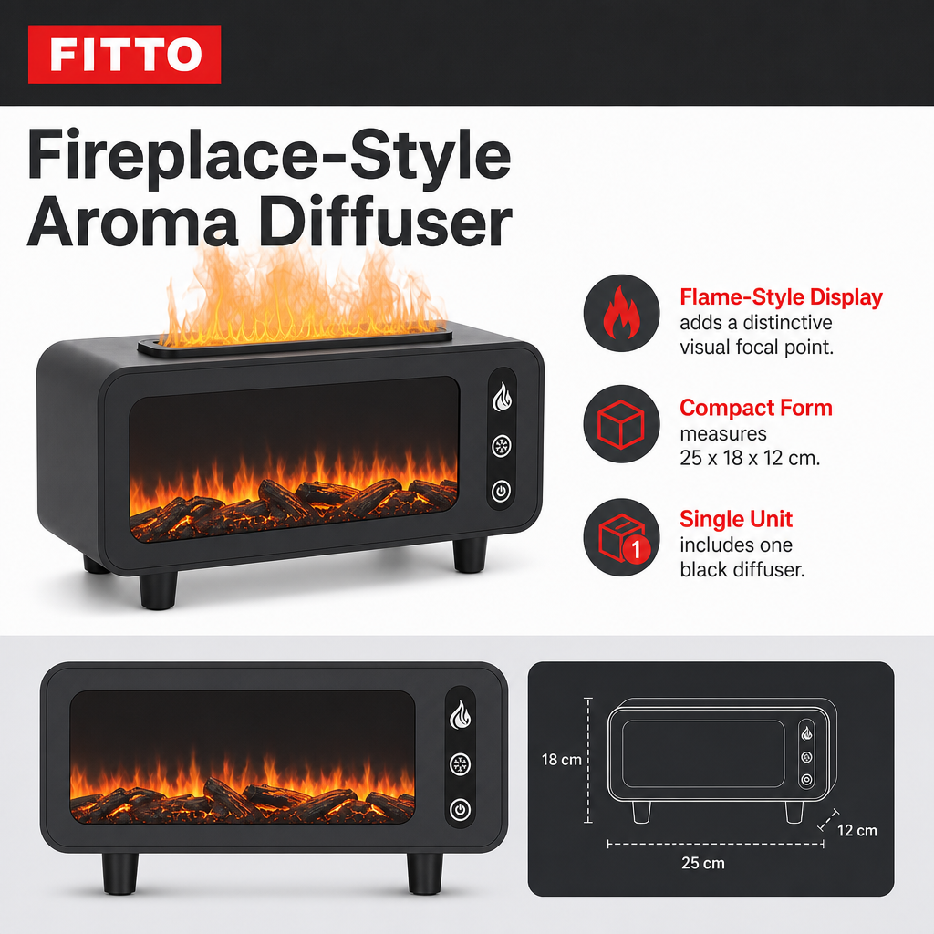 60 Pieces Fireplace-Style Aroma Diffuser with Flame Effect, Black, 25 x 18 x 12 cm, 1 Piece
