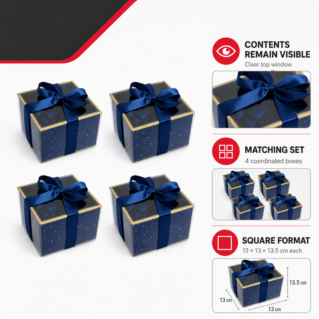 72 Pieces Dark Blue Square Presentation Boxes with Clear Window and Ribbon, 13 × 13 × 13.5 cm, 4 Pieces