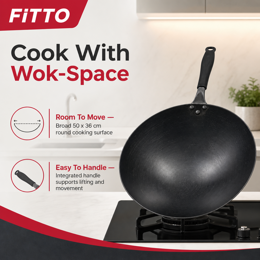 96 Pieces Carbon Steel Wok with Handle, Black, 50 x 36 x 12 cm