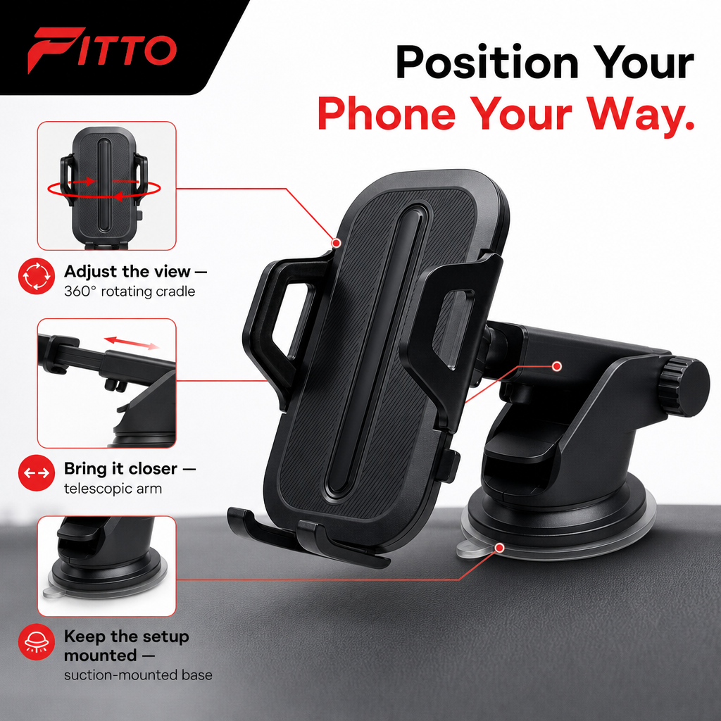 96 Pieces 360° Car Phone Holder with Telescopic Suction Mount, Adjustable Rotating Cradle, Black