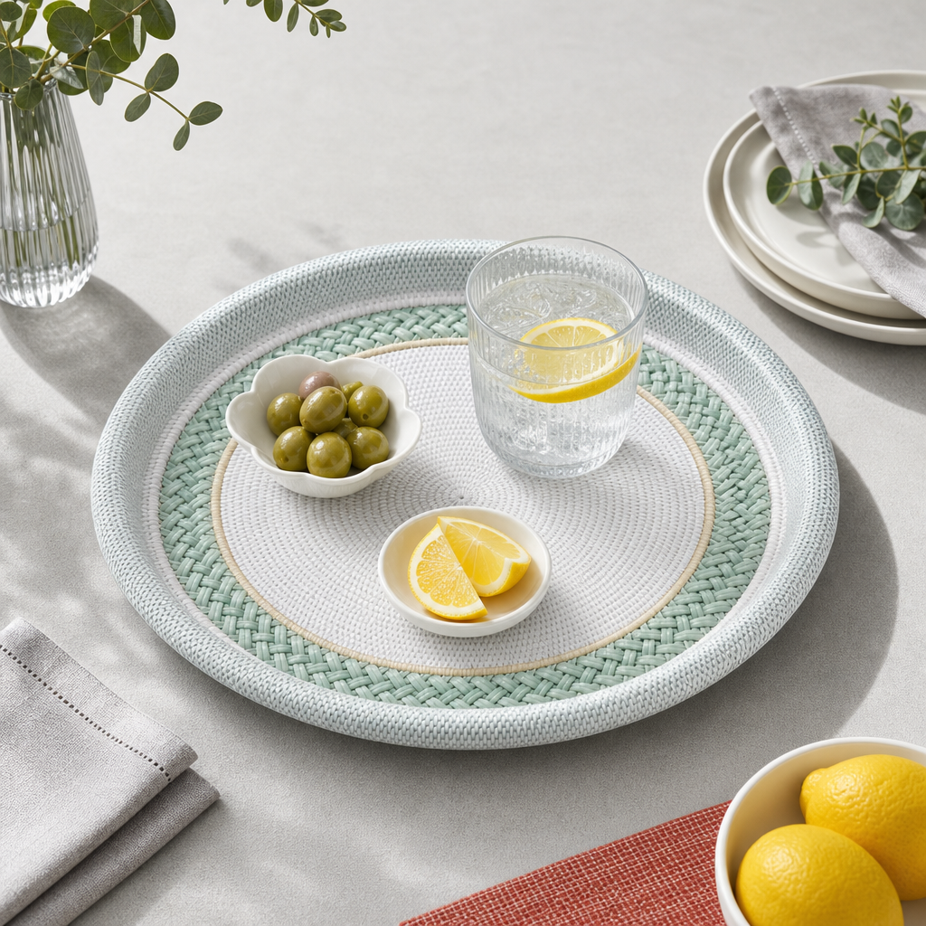 96 Pieces Round Woven Serving Trays, 30 cm, Pale Green and White