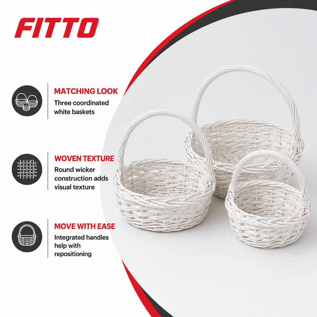 48 Pieces Round Wicker Basket Set with Handles, White, 3 Piece