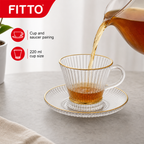 60 Pieces Ribbed Clear Glass Tea Cup and Saucer Set with Gold Rims, 220 ml, 12 Pieces