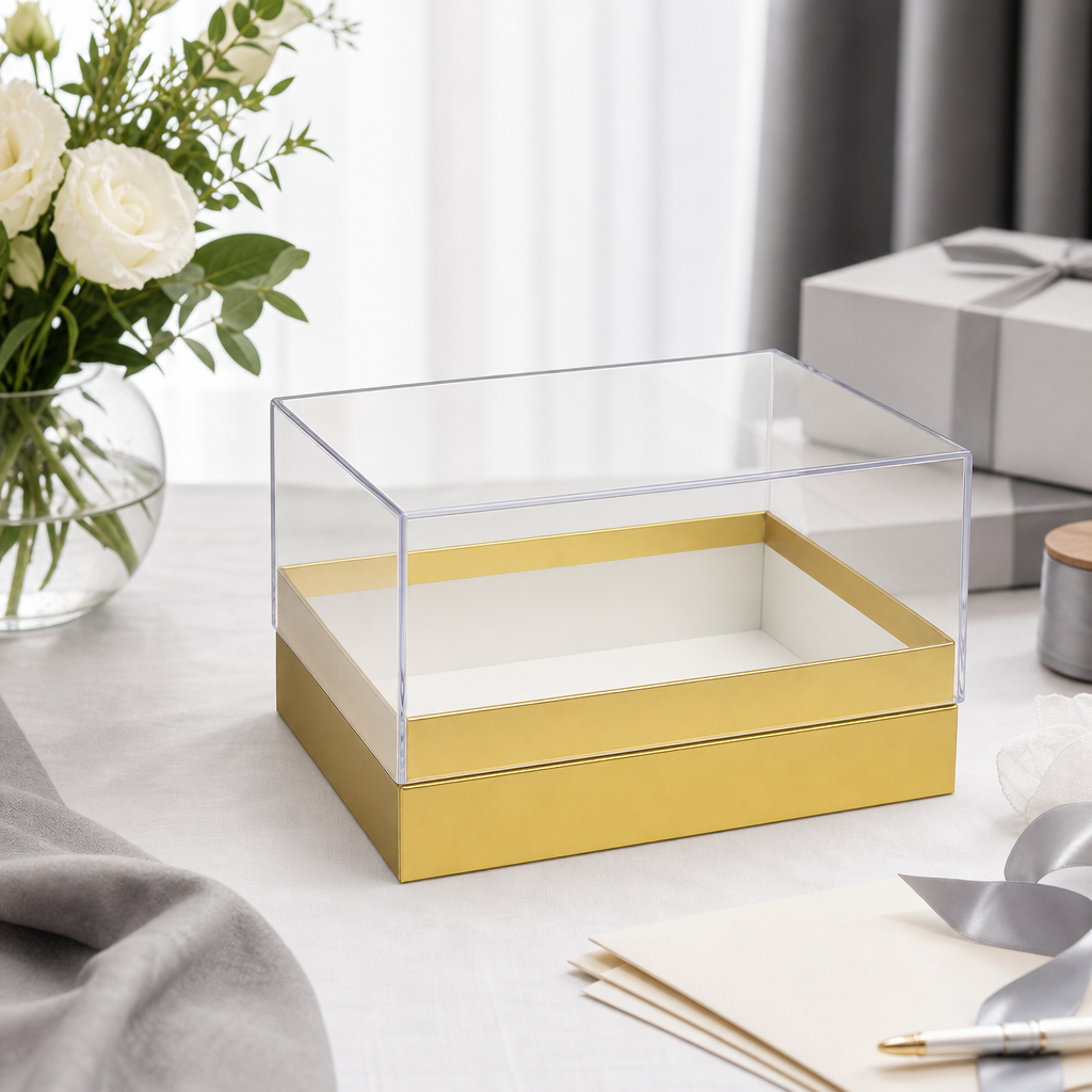 96 Pieces Acrylic Presentation Box, Gold and Clear Rectangular Design, 18 x 13.5 x 10 cm, 1 Piece