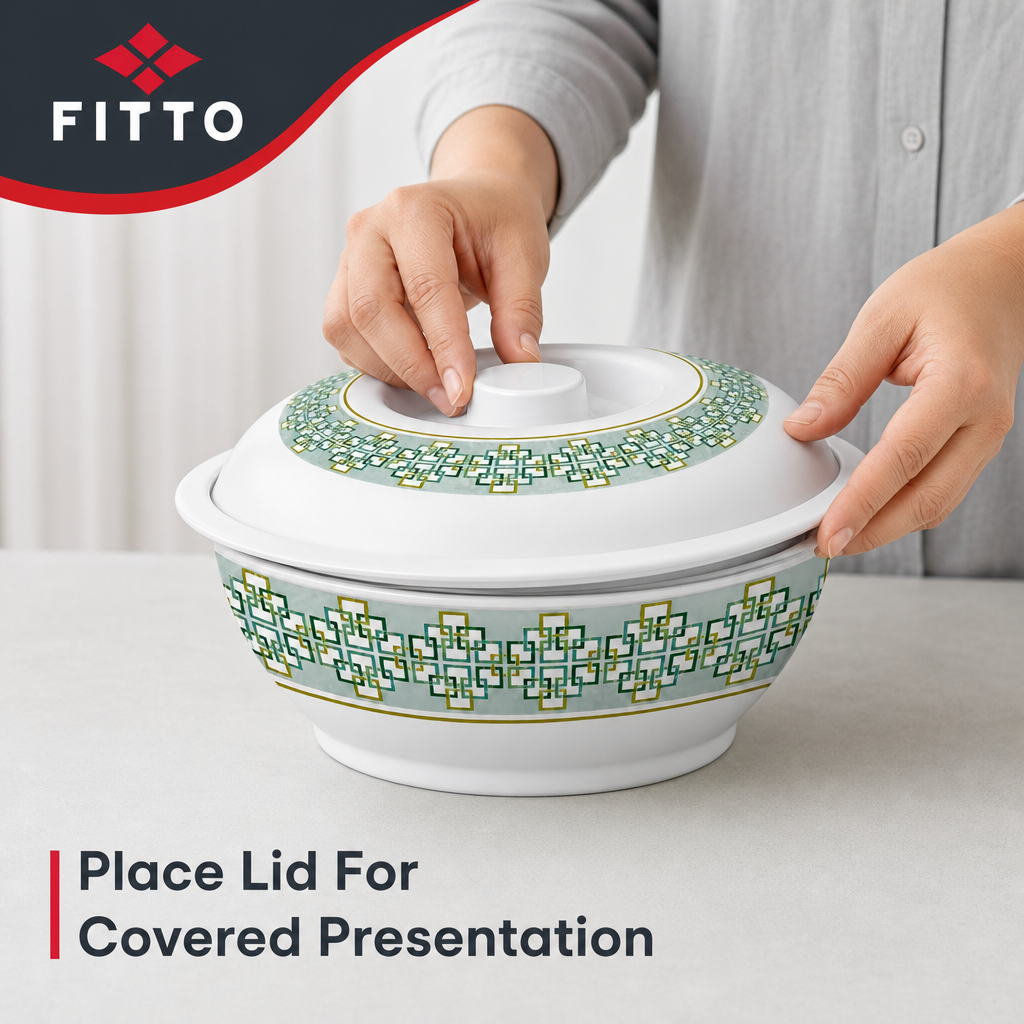 96 Pieces Lidded Serving Bowl, 10 Inch, White and Green Geometric Pattern