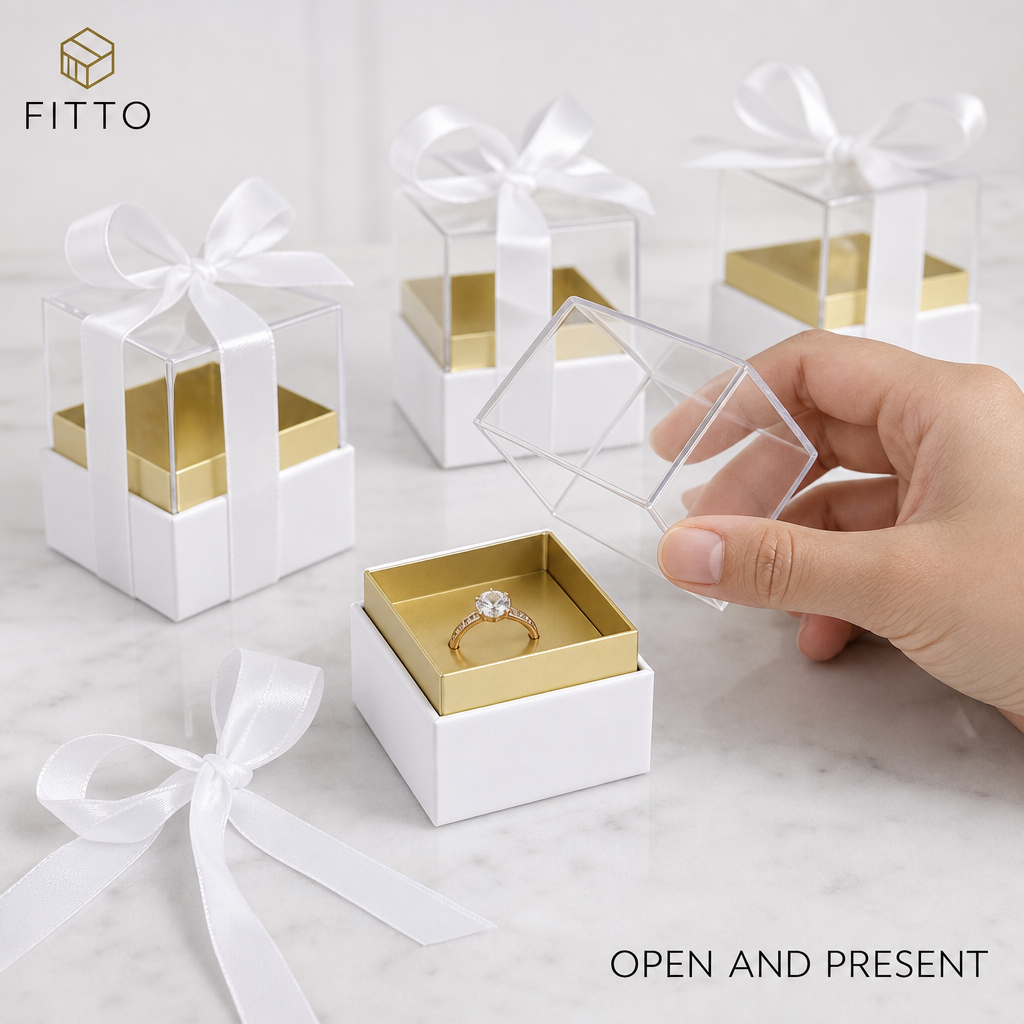 60 Pieces Acrylic Presentation Boxes with Ribbon, Square Clear Display Containers, White, 6.5 x 6.5 x 7.2 cm, 12 Pieces