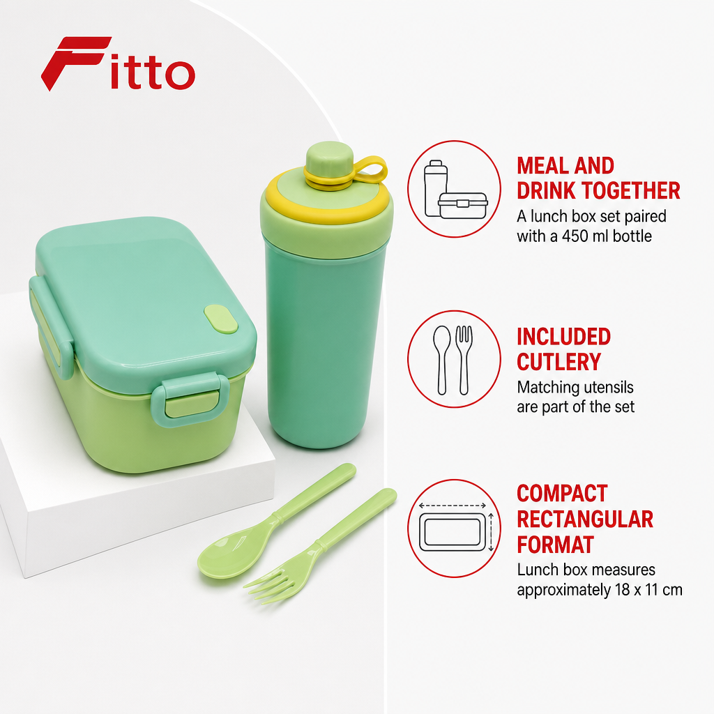 96 Pieces Lunch Box Set with 450 ml Bottle and Cutlery, Assorted Colour Plastic Rectangular, 1 Set