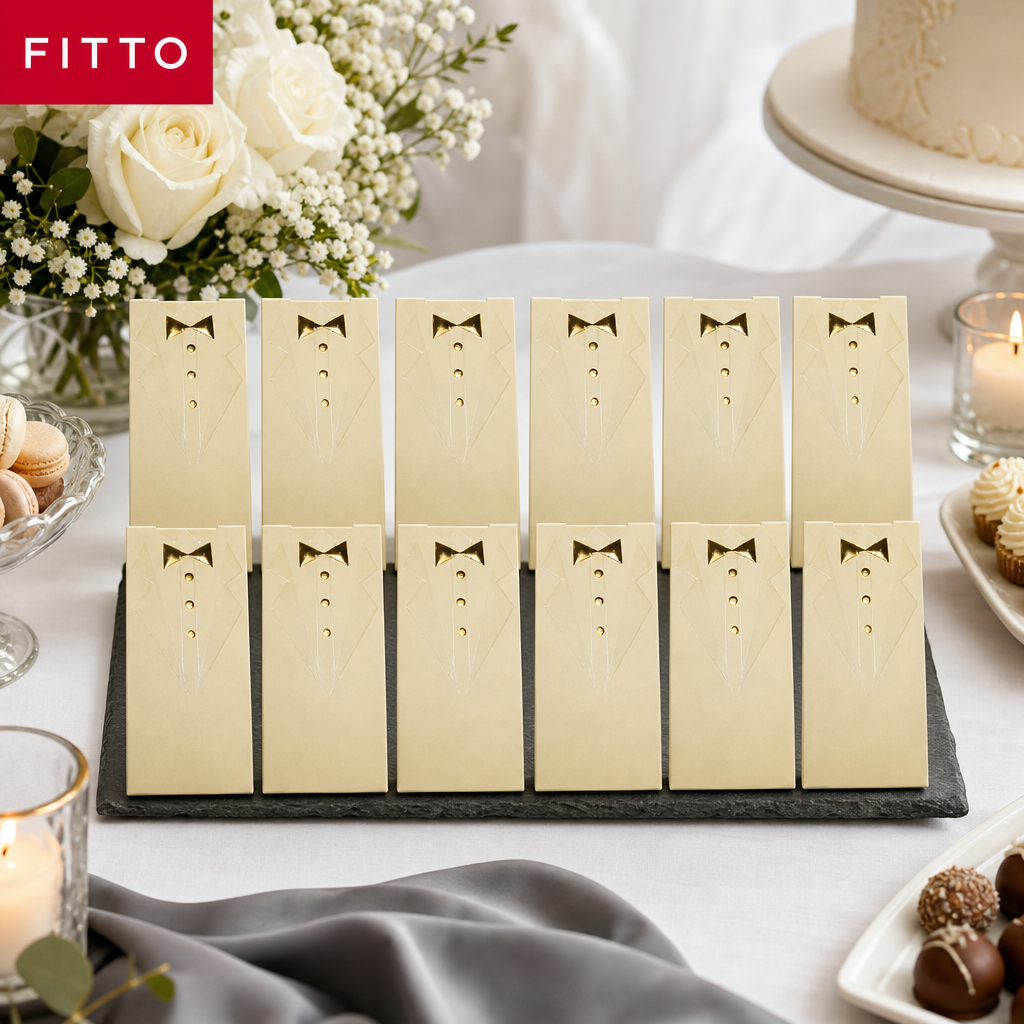 96 Pieces Beige Wedding Candy Boxes with Decorative Bow Detail, 9.7 × 5 × 3 cm, 12 Pieces