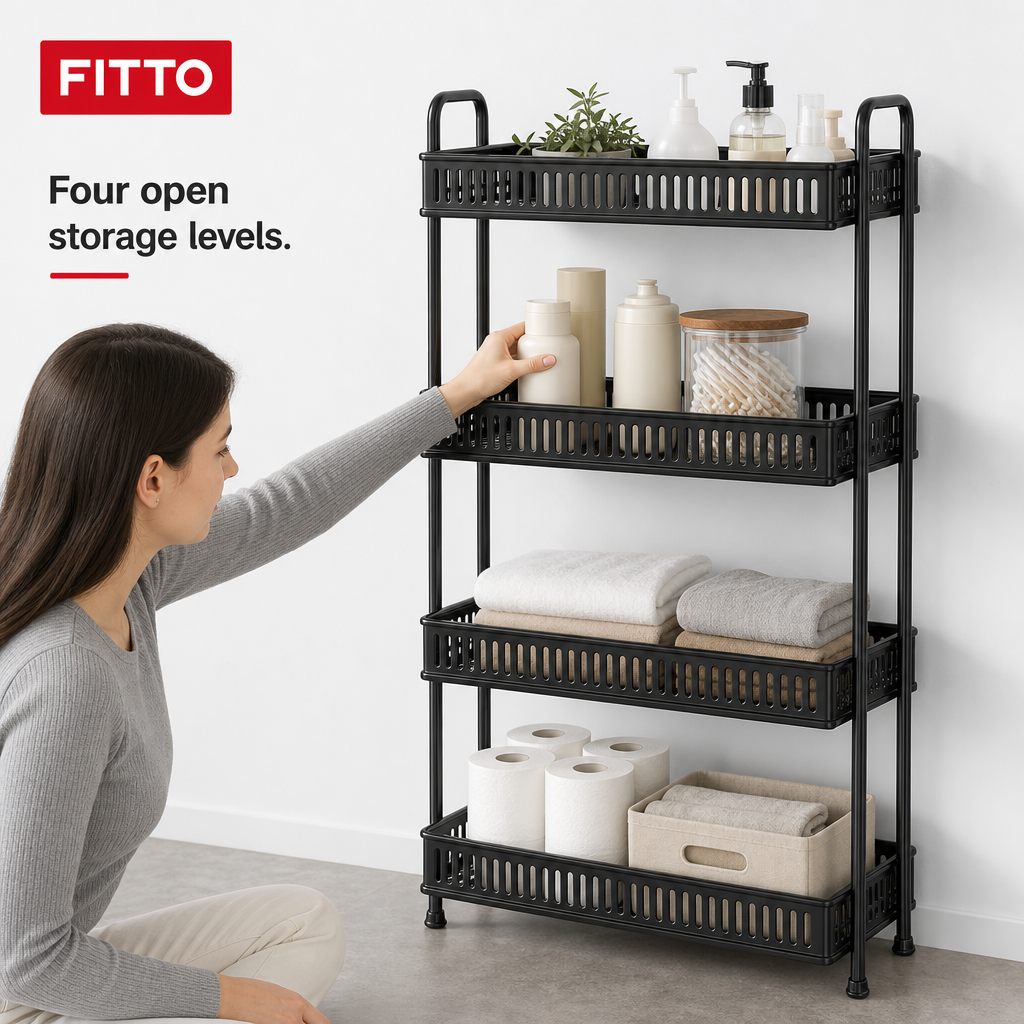 60 Pieces Four-Tier Metal Storage Rack with Ventilated Basket Shelves, Black