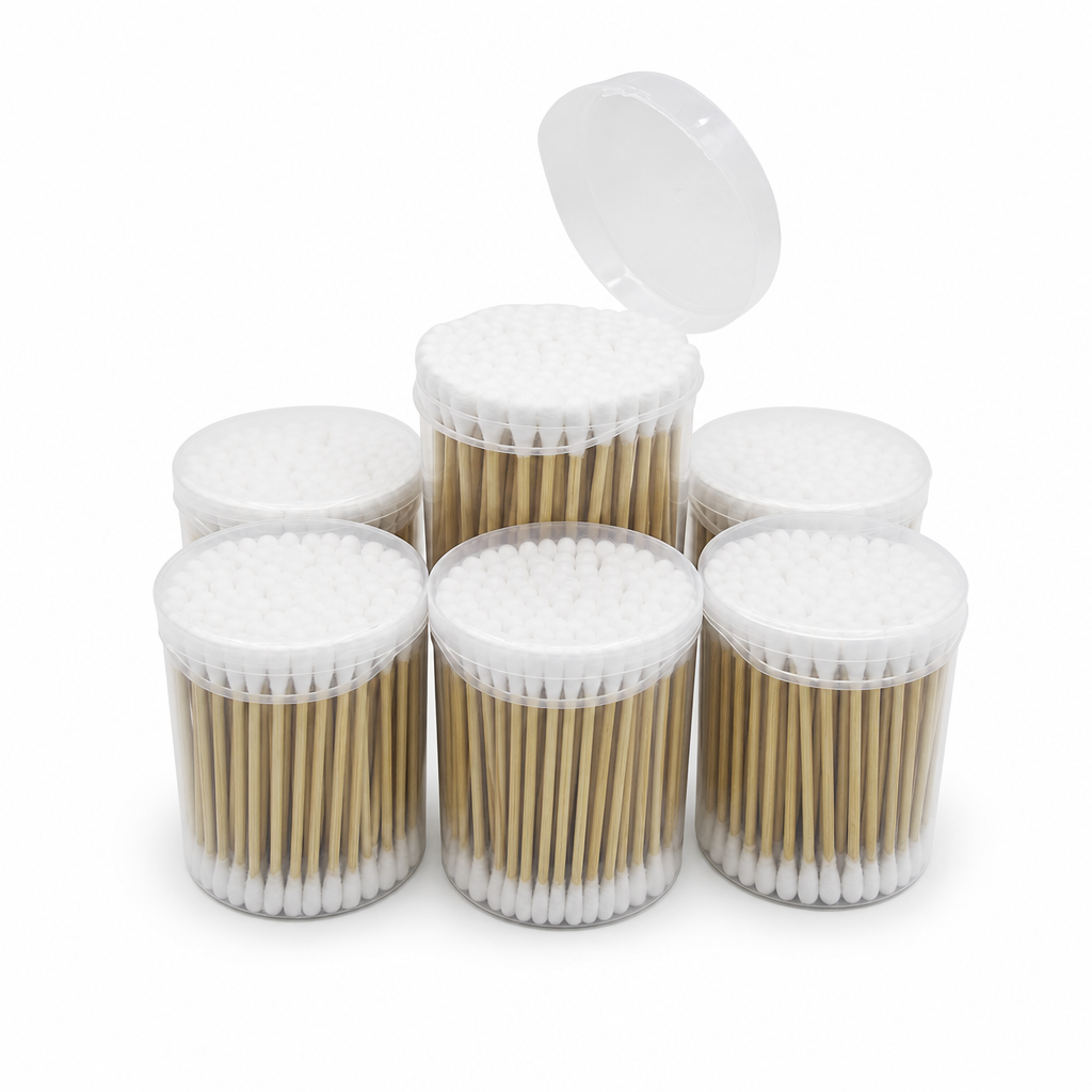 120 Pieces Cotton Buds, Bamboo Sticks with White Cotton Tips in Plastic Cans, 100 Pieces per Can, 6-Pack