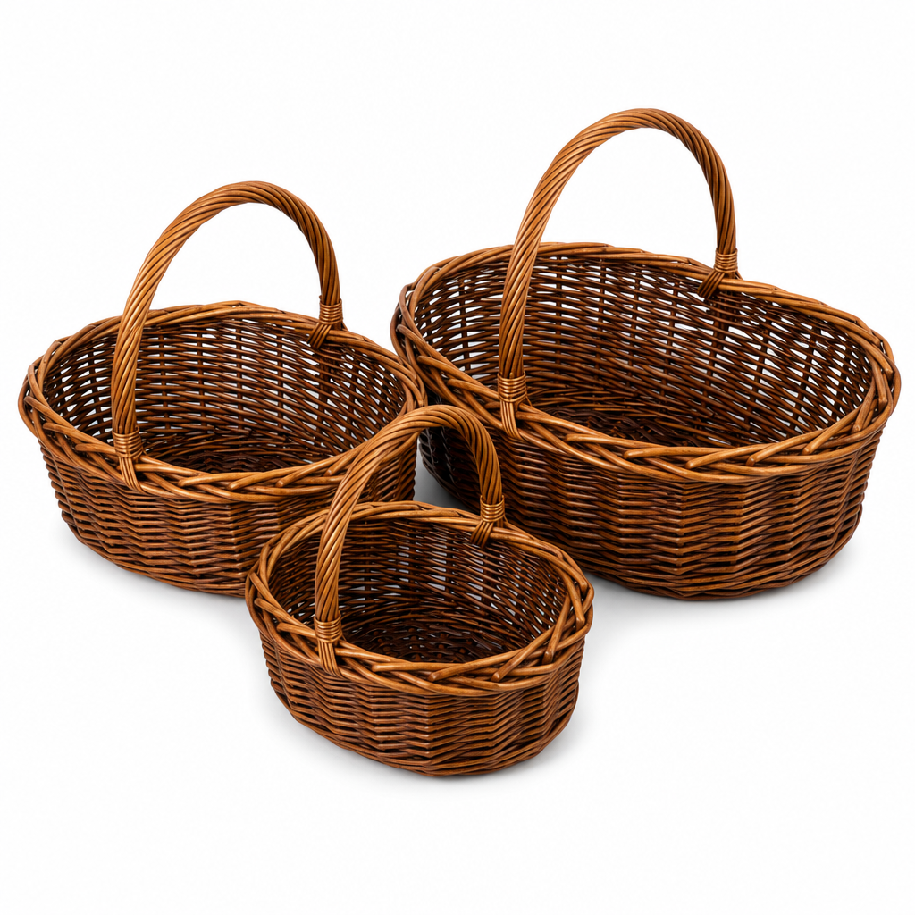 48 Pieces Oval Wicker Basket Sets with Handles, Brown, 3 Piece, 38 x 31 x 20 cm