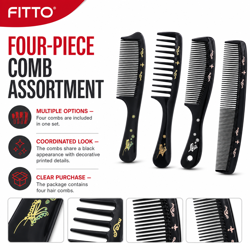 96 Pieces Black Decorative Print Hair Combs Set, 4 Pieces