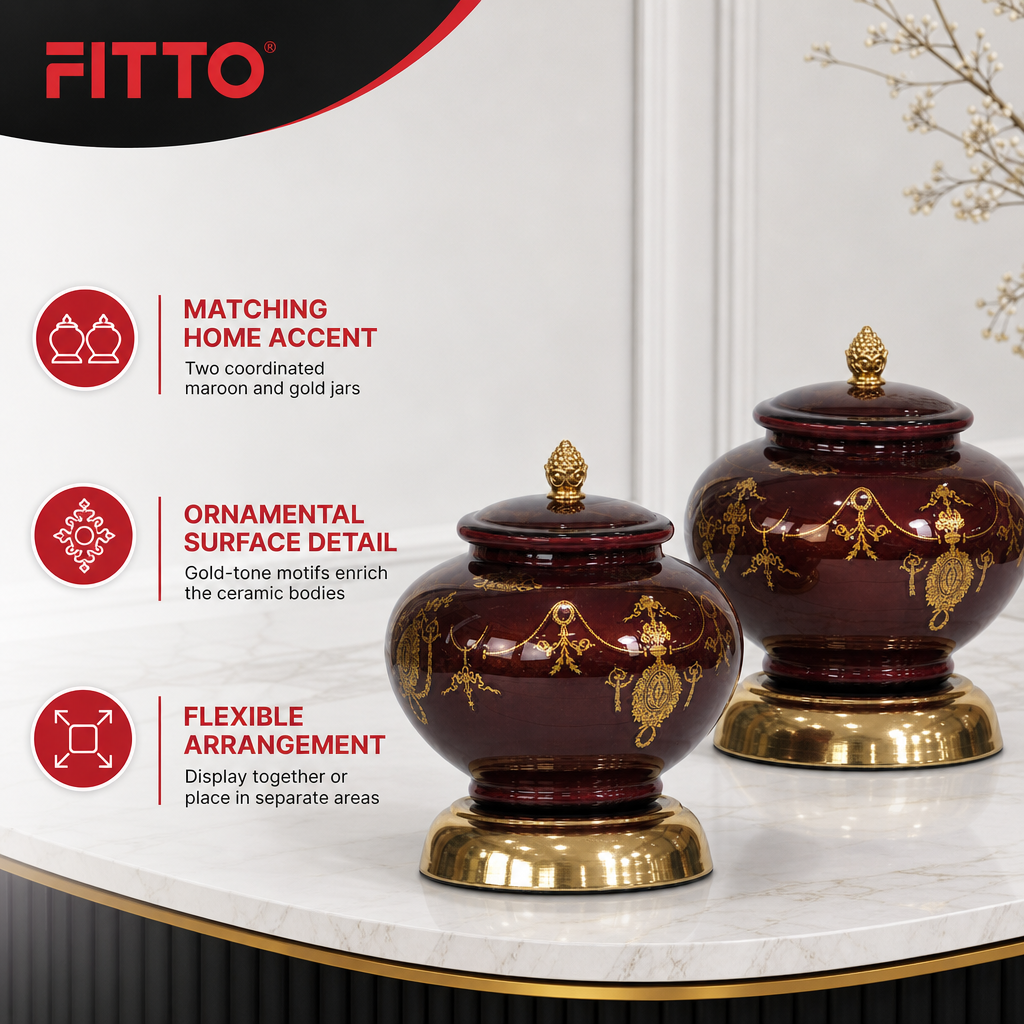 48 Pieces Decorative Ceramic Storage Jar Set, Maroon and Gold, 2 Pieces