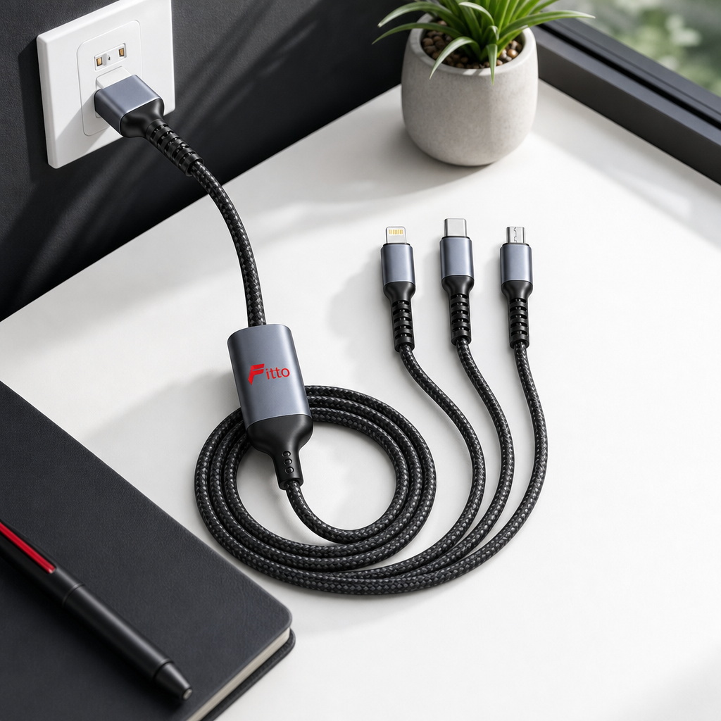 144 Pieces 3-in-1 Fast Charging Data Cable with USB-C, Micro-USB and Mobile Connectors, 100W, Black