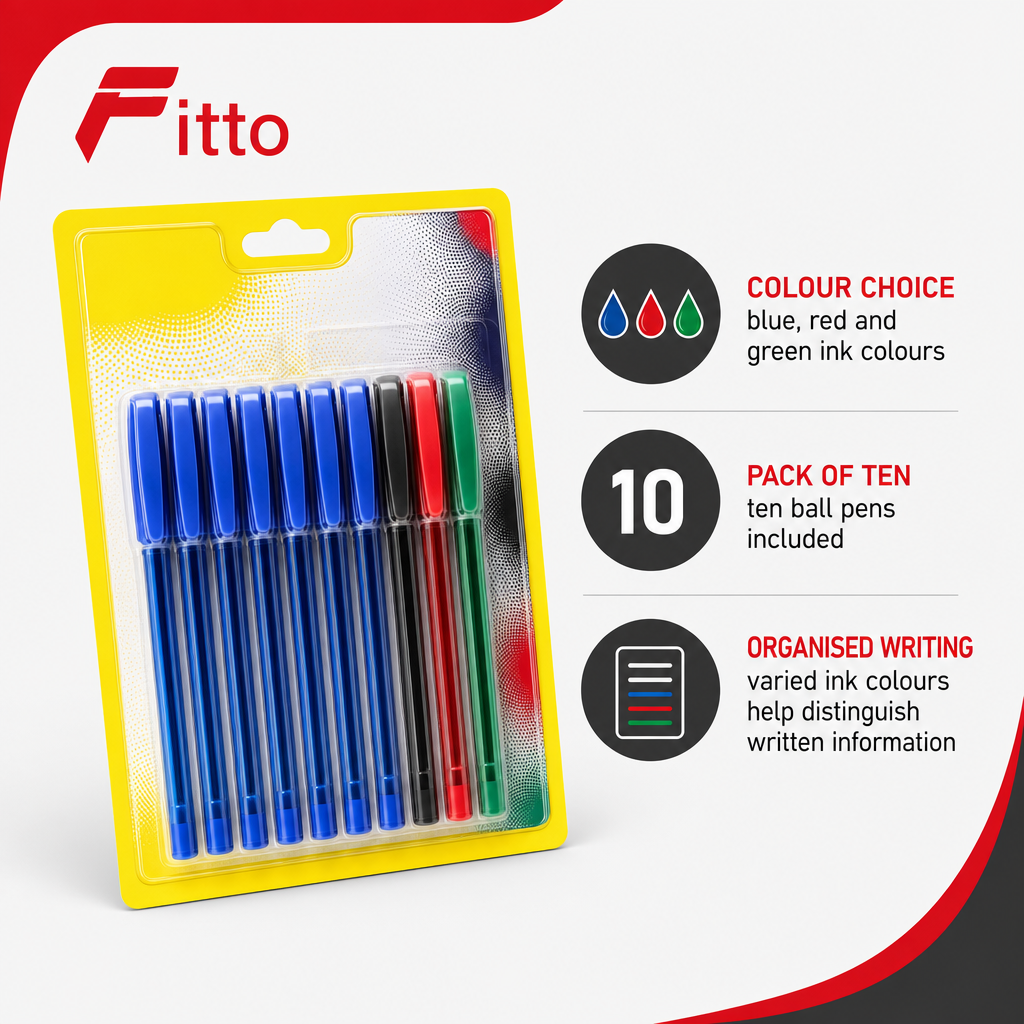 120 Pieces Ball Pens, Blue Red and Green Assorted Ink Colours, 10-Pack
