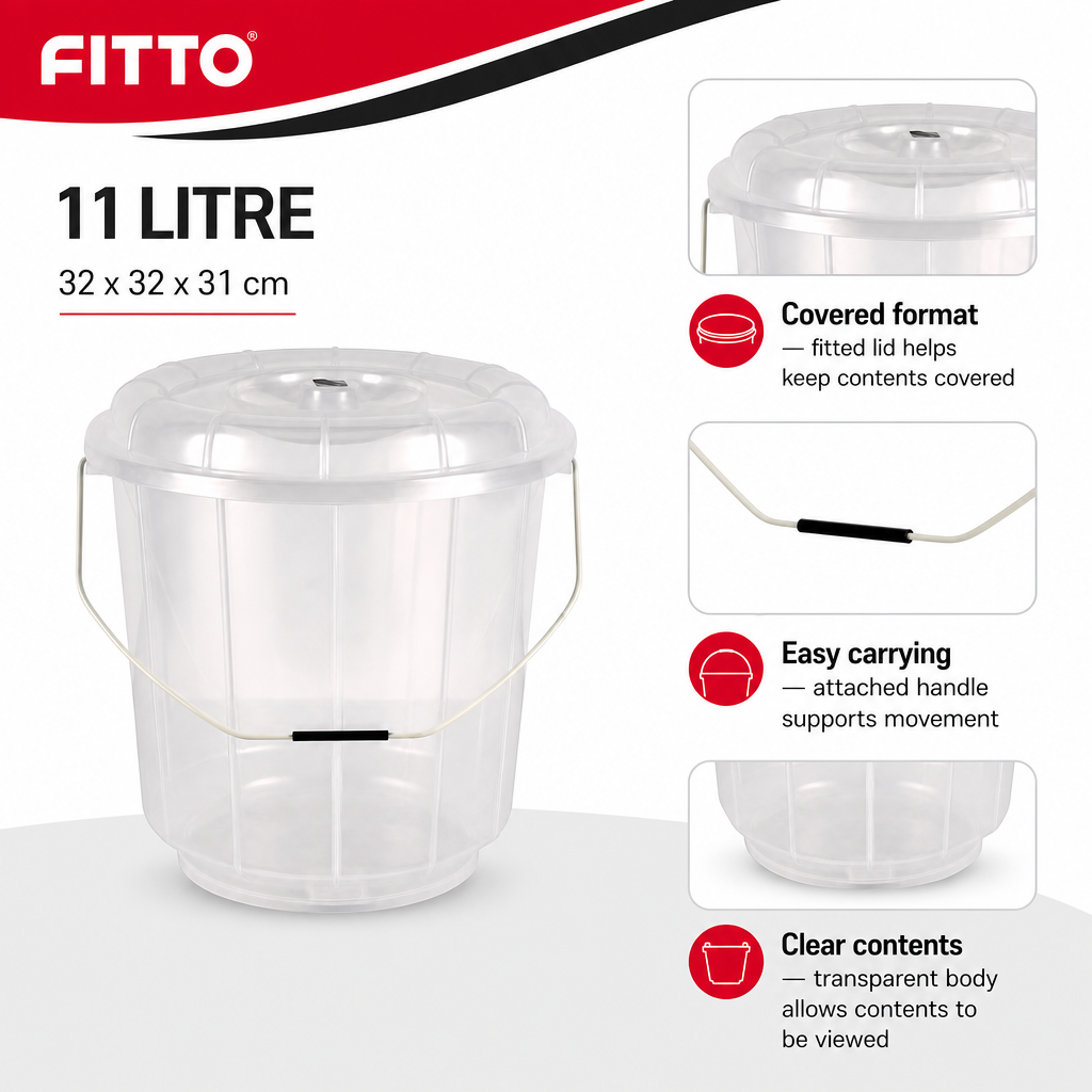 96 Pieces Transparent Plastic Bucket with Lid and Carry Handle, 11 Litre