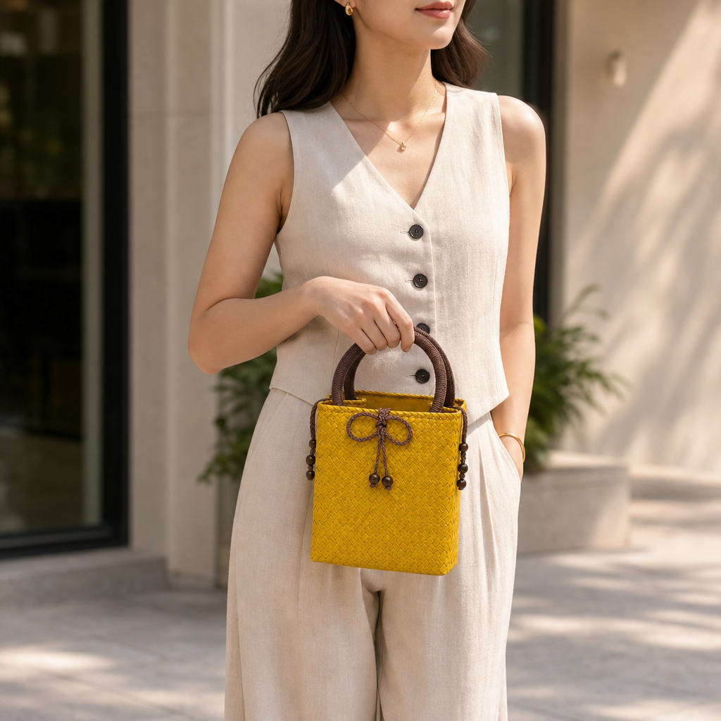 72 Pieces Mini Woven Handbags with Top Handles, Yellow, Compact 16 x 13 x 8 cm