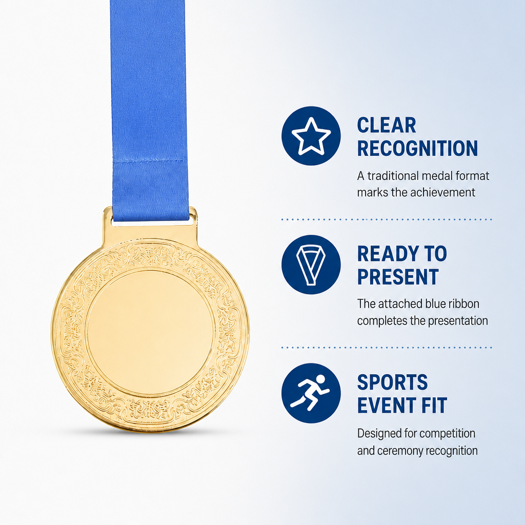 144 Pieces Engraved Sports Medal with Blue Ribbon, Gold, 10 cm Award Recognition