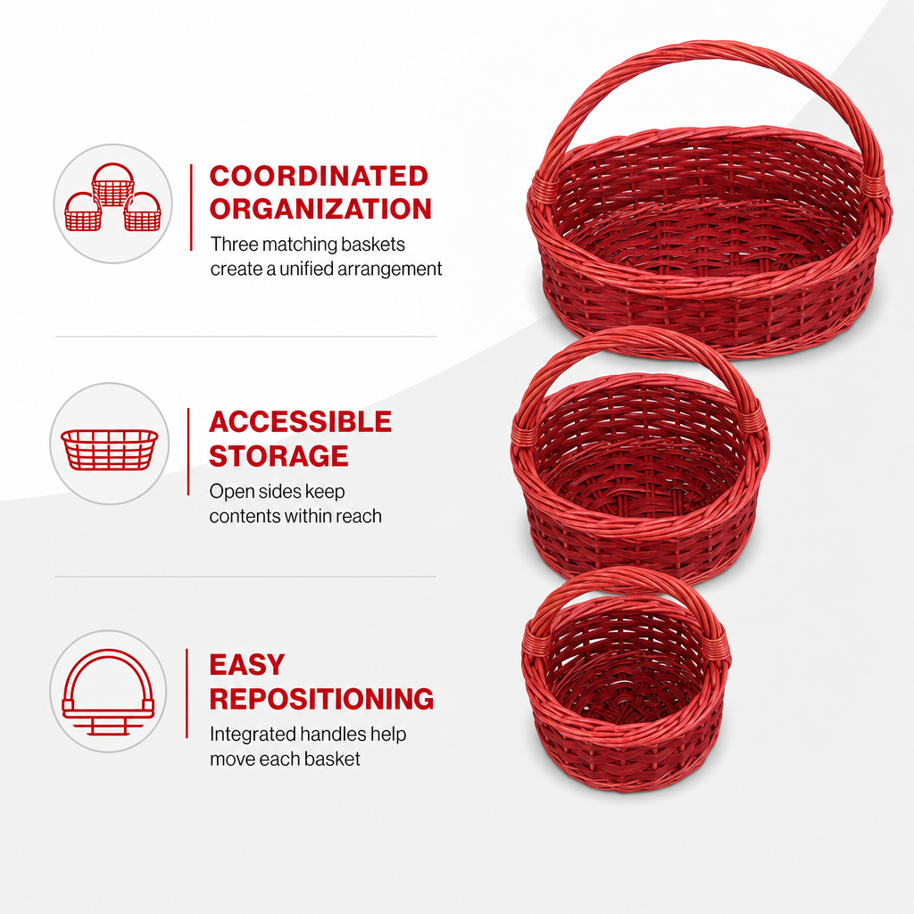 60 Pieces Oval Wicker Basket Set with Handles, Red, 3 Piece, 39 x 31 x 20 cm
