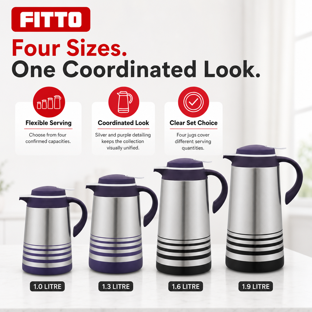 48 Pieces Vacuum Jug Set, Silver and Purple, 4 Pieces with 1.0, 1.3, 1.6 and 1.9 Litre Capacities