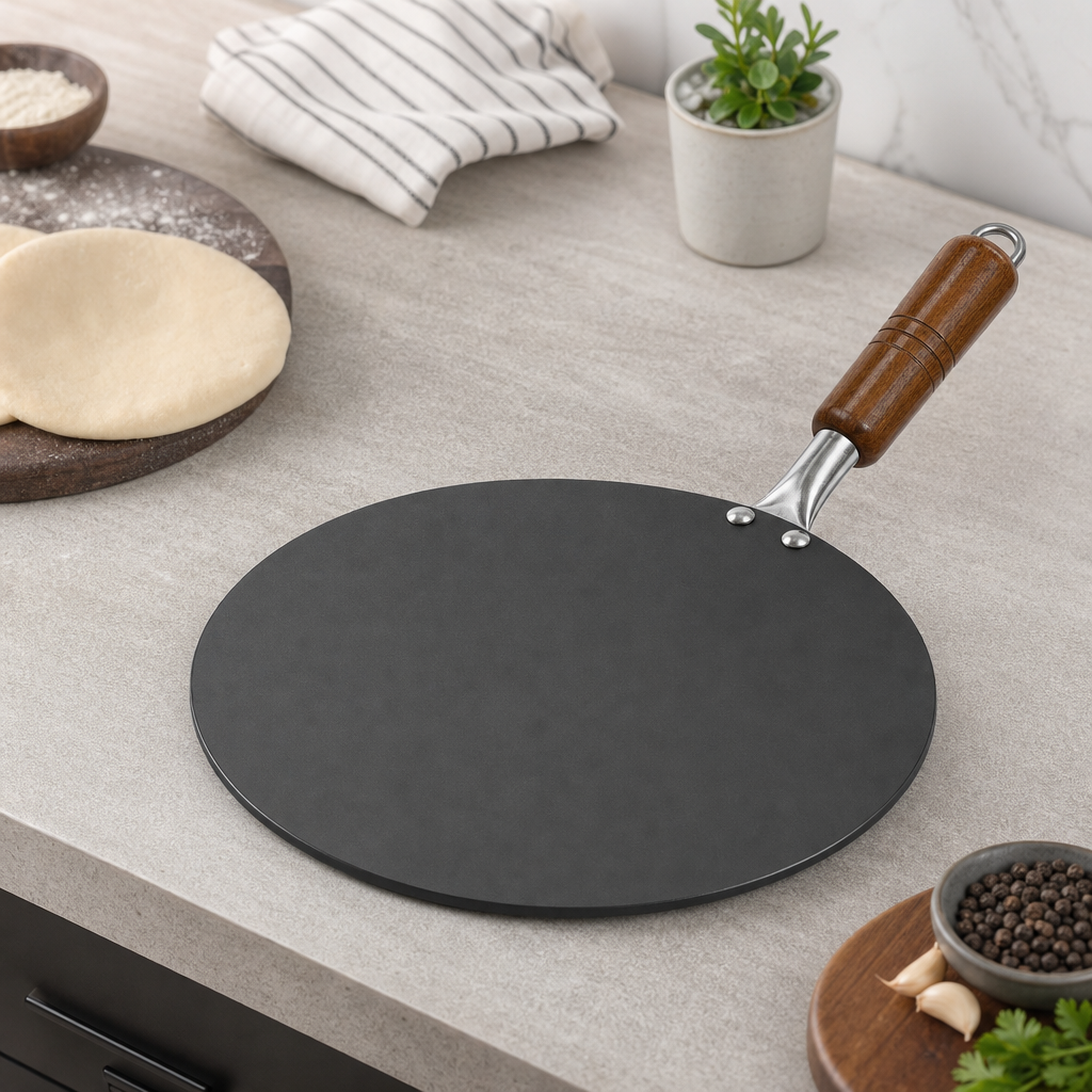 72 Pieces Non-Stick Tawa Pan with Wooden Handle, 14 Inch Round Black Griddle