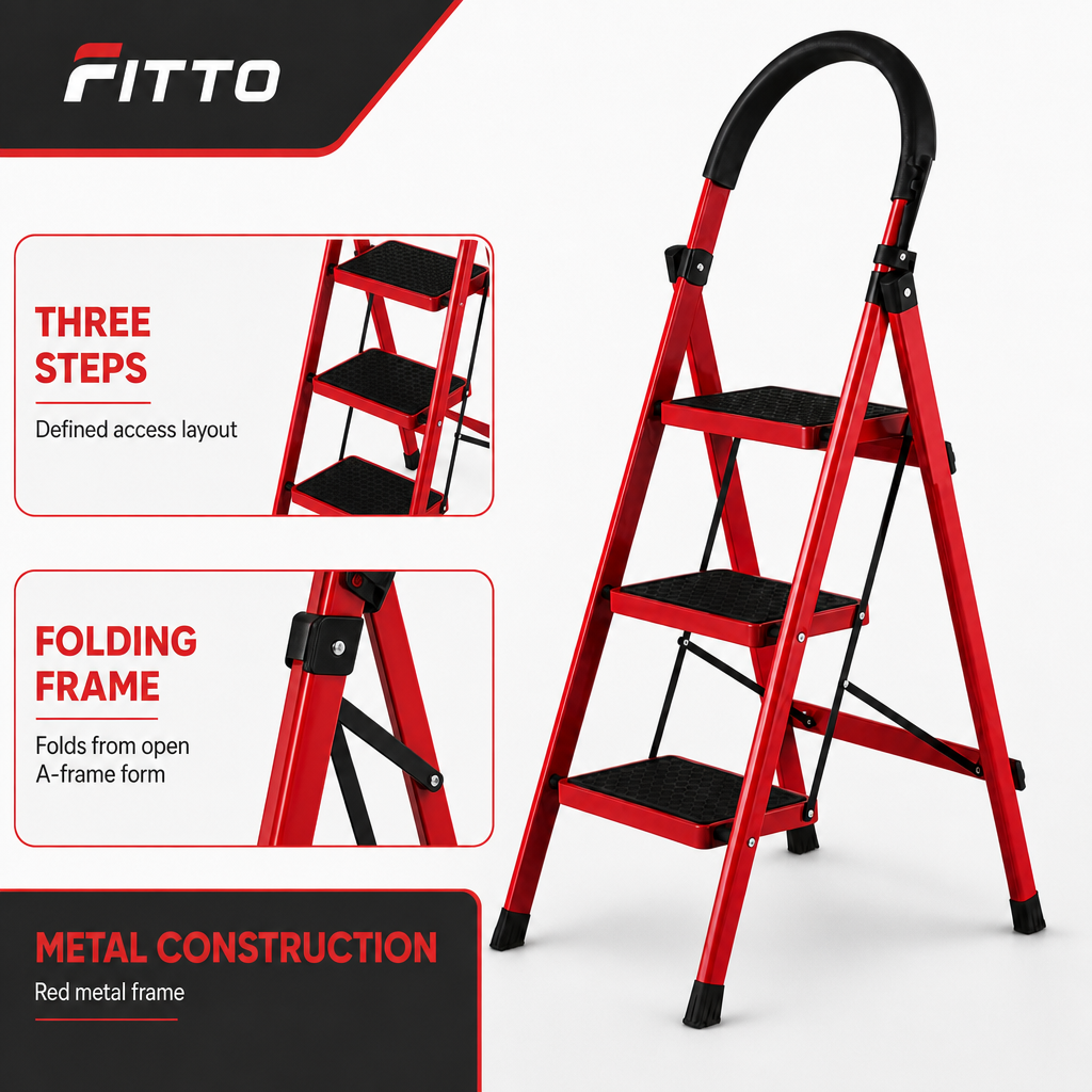 48 Pieces Red 3-Step Folding Metal Step Ladder, 110 x 42 cm, 1 Piece