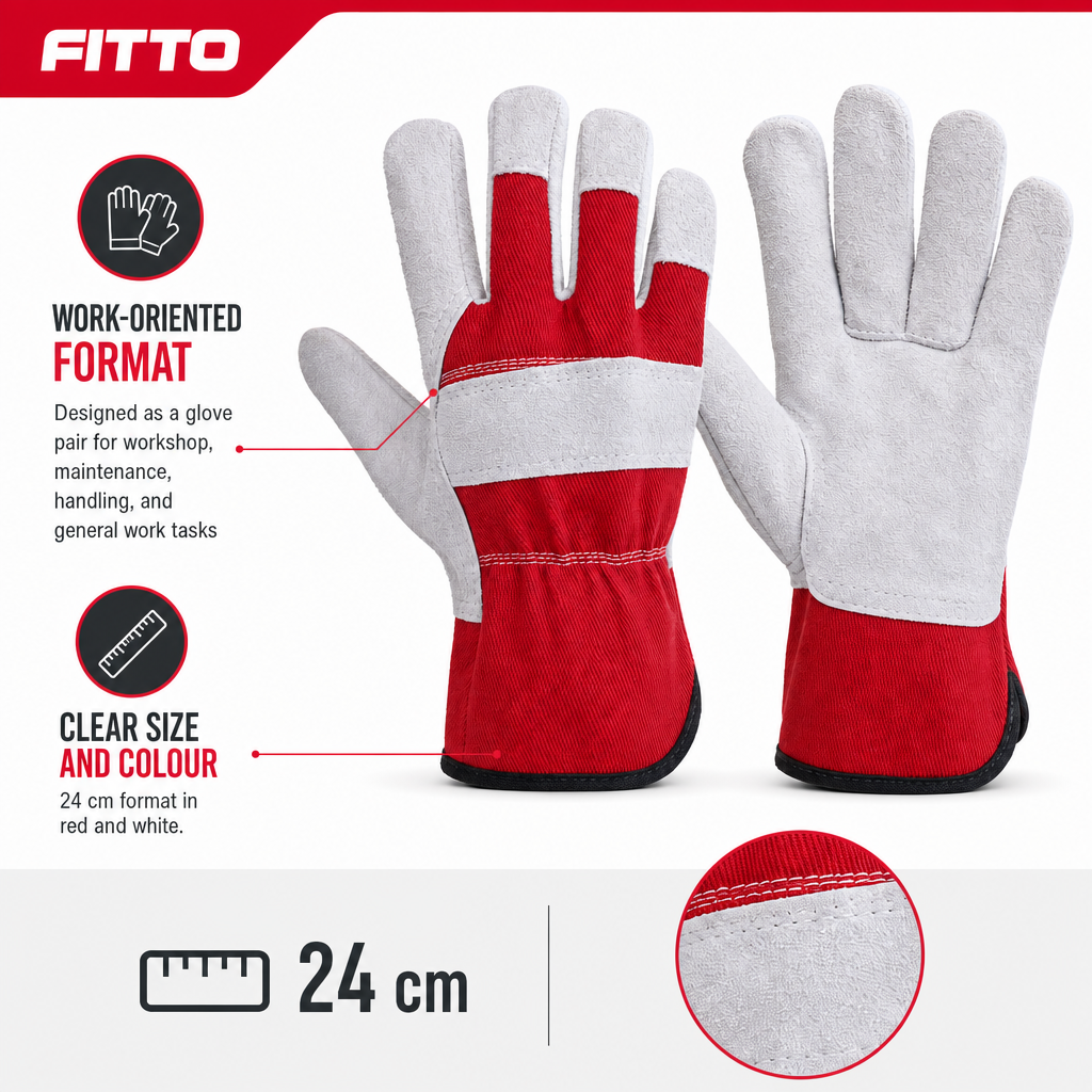 48 Pieces Leather/Coated Work Gloves, 24 cm, Red and White, 1 Pair