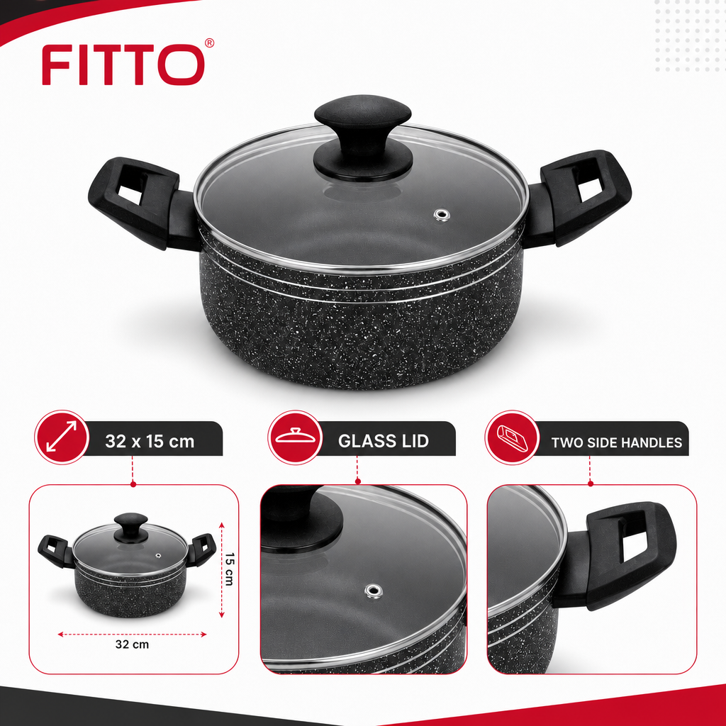 48 Pieces Pressed Aluminium Induction Casserole with Glass Lid, 32 x 15 cm, Black