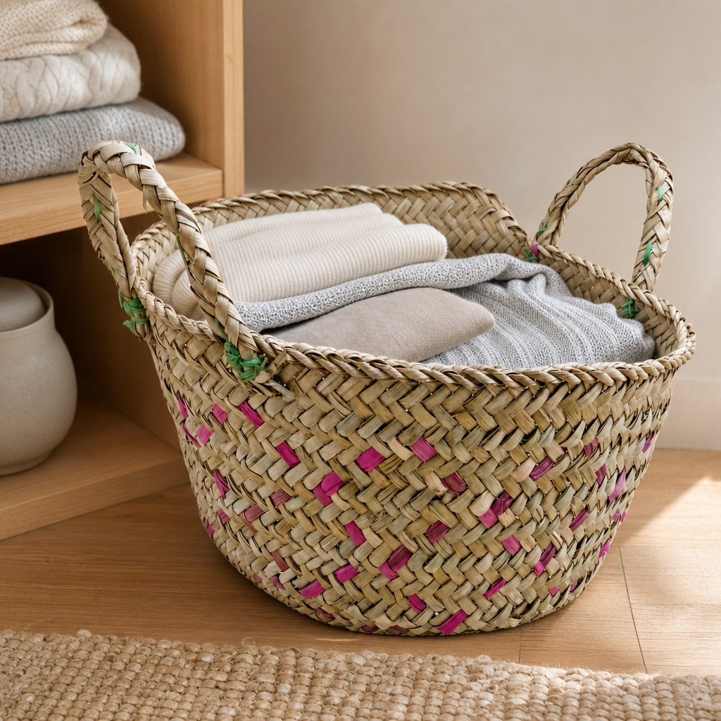 72 Pieces Handwoven Natural Fiber Basket with Handles, Large, 35 x 35 x 22 cm