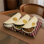 72 Pieces Woven Palm Leaf Serving Trays with 3 Food Covers, Natural Beige and Burgundy Pattern, 40 x 28 x 13 cm