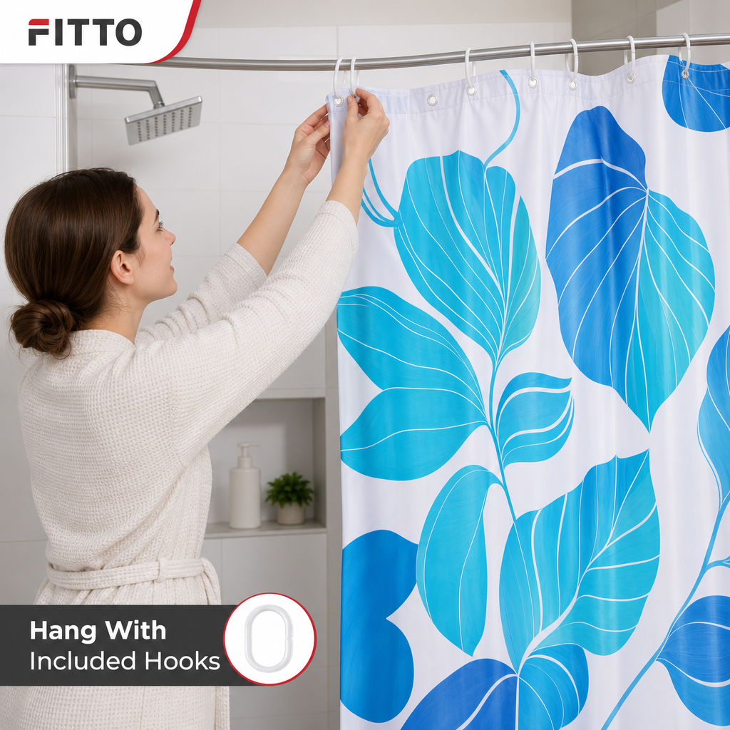 96 Pieces Blue Leaf Print PEVA Shower Curtains with 12 Hooks, 180 × 180 cm