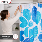96 Pieces Blue Leaf Print PEVA Shower Curtains with 12 Hooks, 180 × 180 cm
