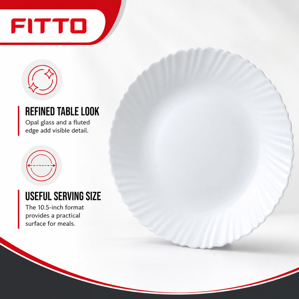 96 Pieces Opal Glass Dinner Plate, 10.5 Inch, Round Fluted-Edge Tablewares