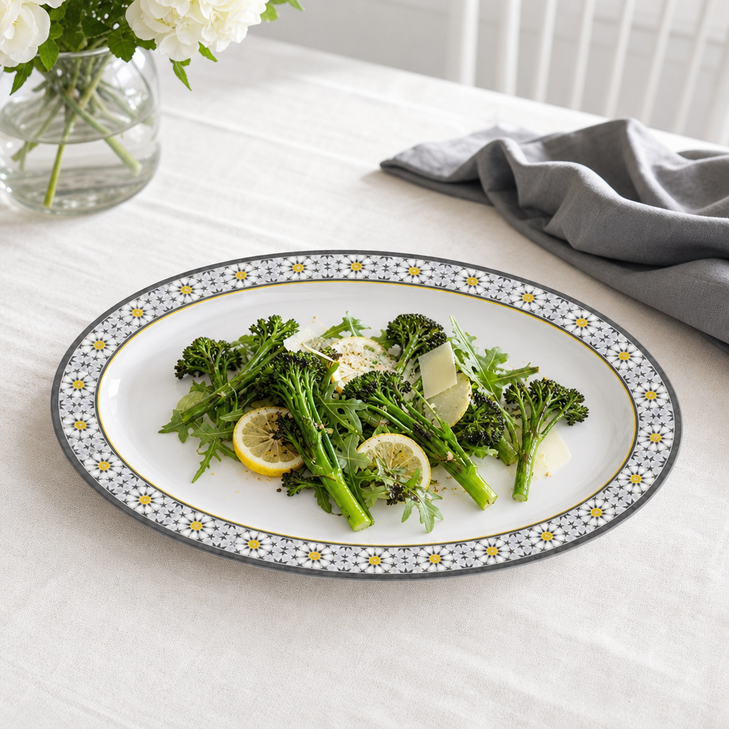 96 Pieces Melamine Wavy Oval Serving Plate, 12 Inch, White Grey with Yellow Accents