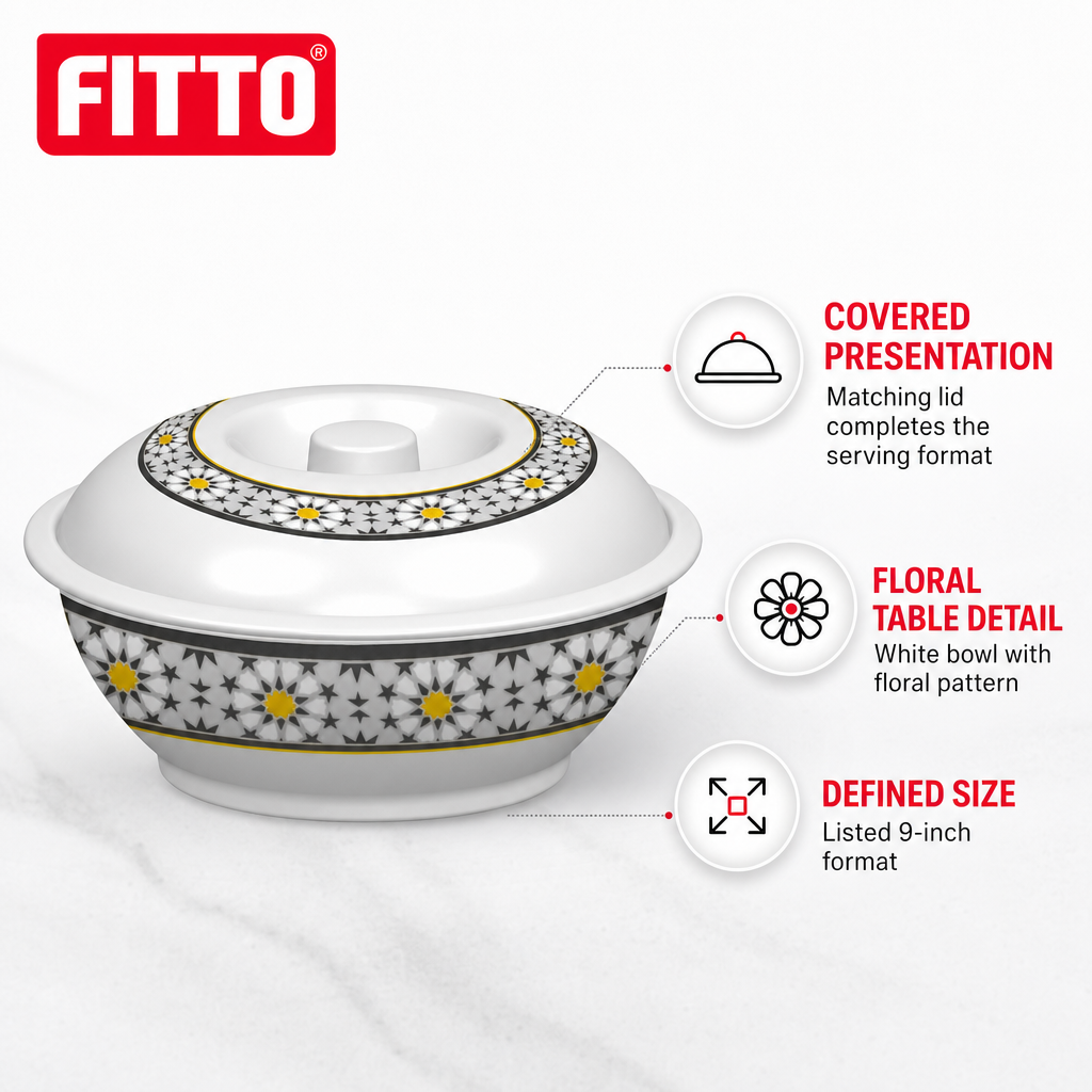 96 Pieces Melamine Lidded Serving Bowl, 9 Inch, White Floral Pattern