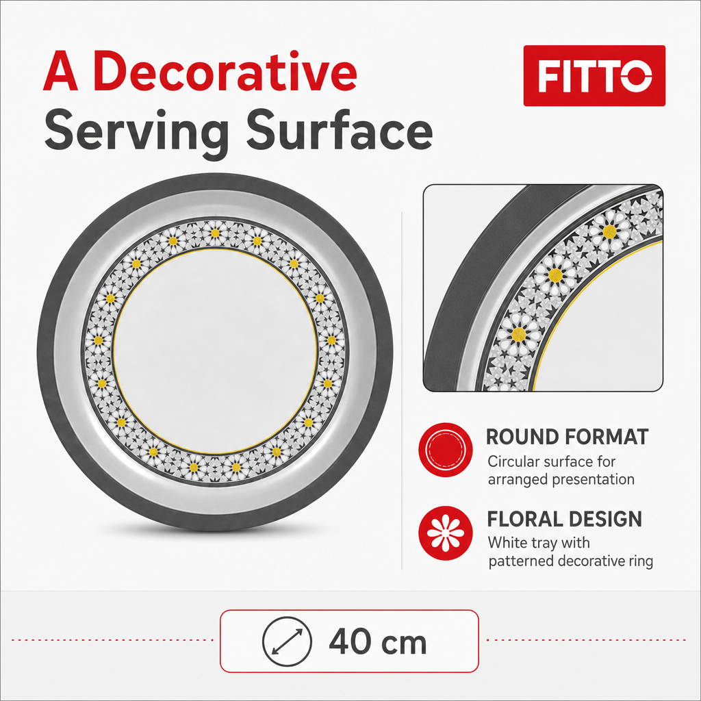 96 Pieces Serving Trays, Round Melamine Woven Design, 40 cm, White Floral Pattern