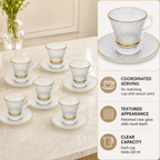 60 Pieces Textured Clear Glass Tea Cup and Saucer Set with Gold Rims, 220 ml, 12 Pieces