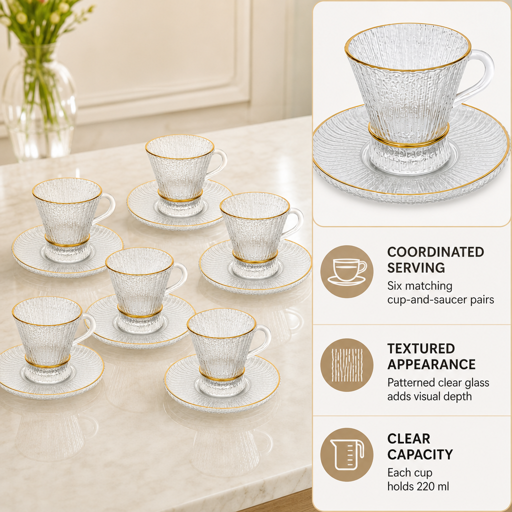 60 Pieces Textured Clear Glass Tea Cup and Saucer Set with Gold Rims, 220 ml, 12 Pieces