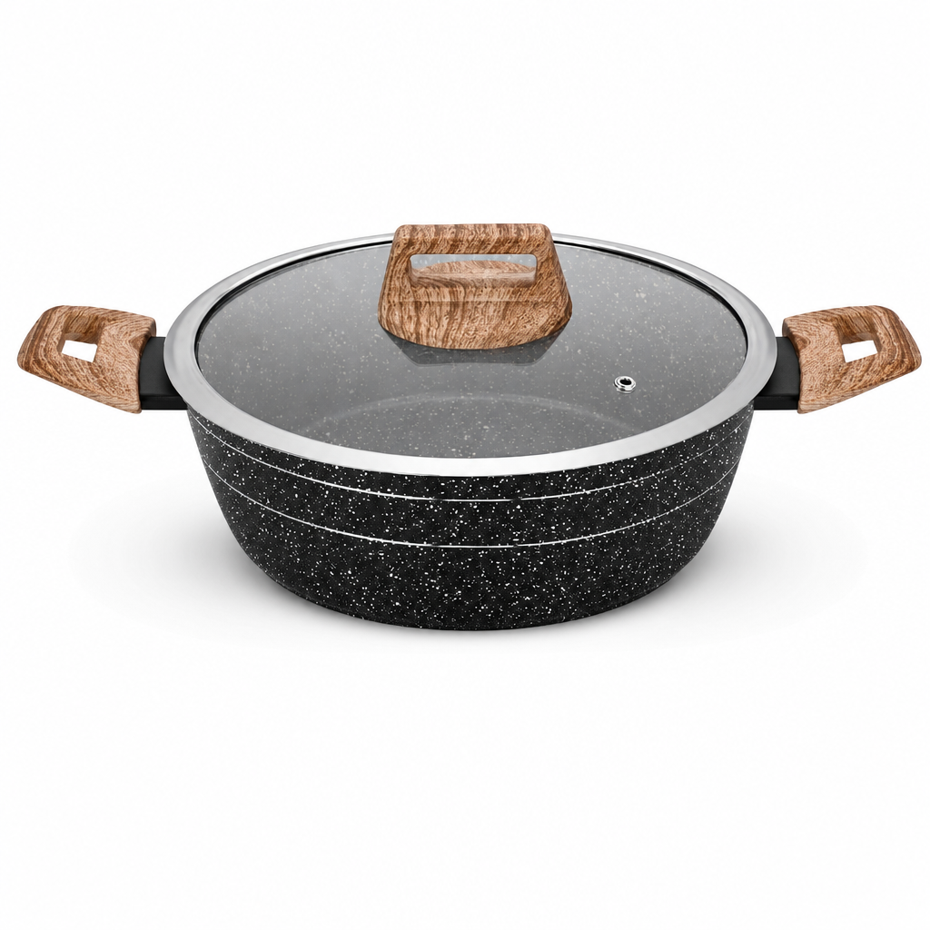 48 Pieces Forged Aluminium Casserole with Glass Lid, 20 x 9 cm, Black Speckled