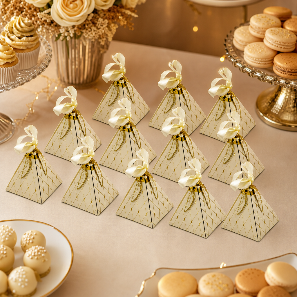 96 Pieces Beige Paper Candy Favor Boxes with Ribbon, Pyramid Shape, 8.7 x 8.7 x 10 cm, 12 Pieces