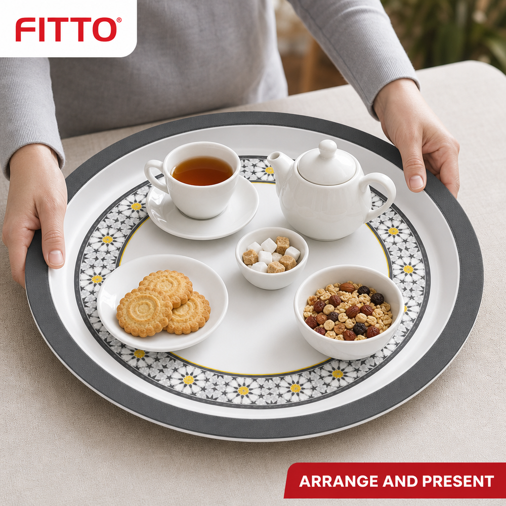 72 Pieces Round Melamine Woven Serving Trays, 50 cm, White With Floral Pattern