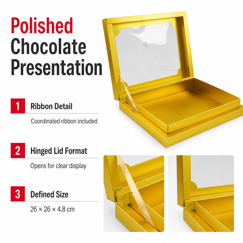 96 Pieces Chocolate Presentation Box with Ribbon, Gold Square 26 × 26 × 4.8 cm, 1 Piece