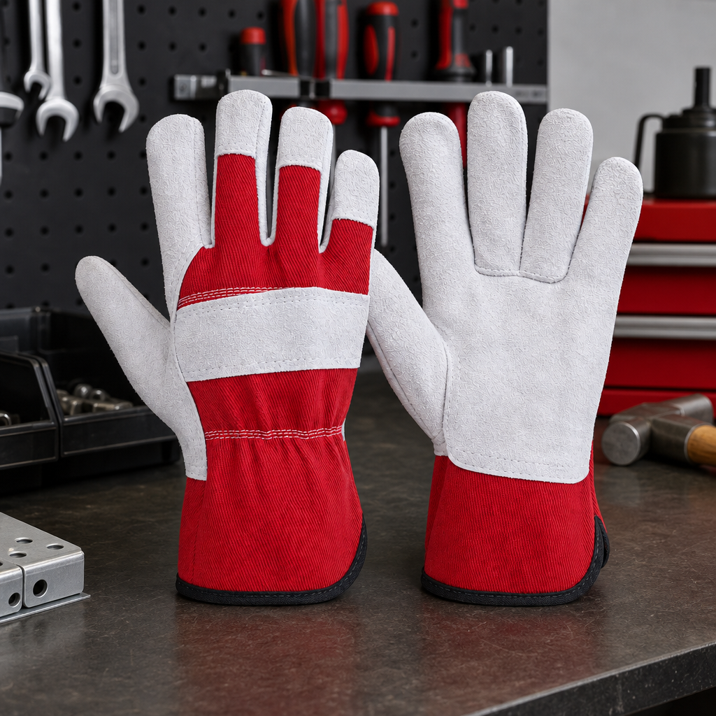 48 Pieces Leather/Coated Work Gloves, 24 cm, Red and White, 1 Pair