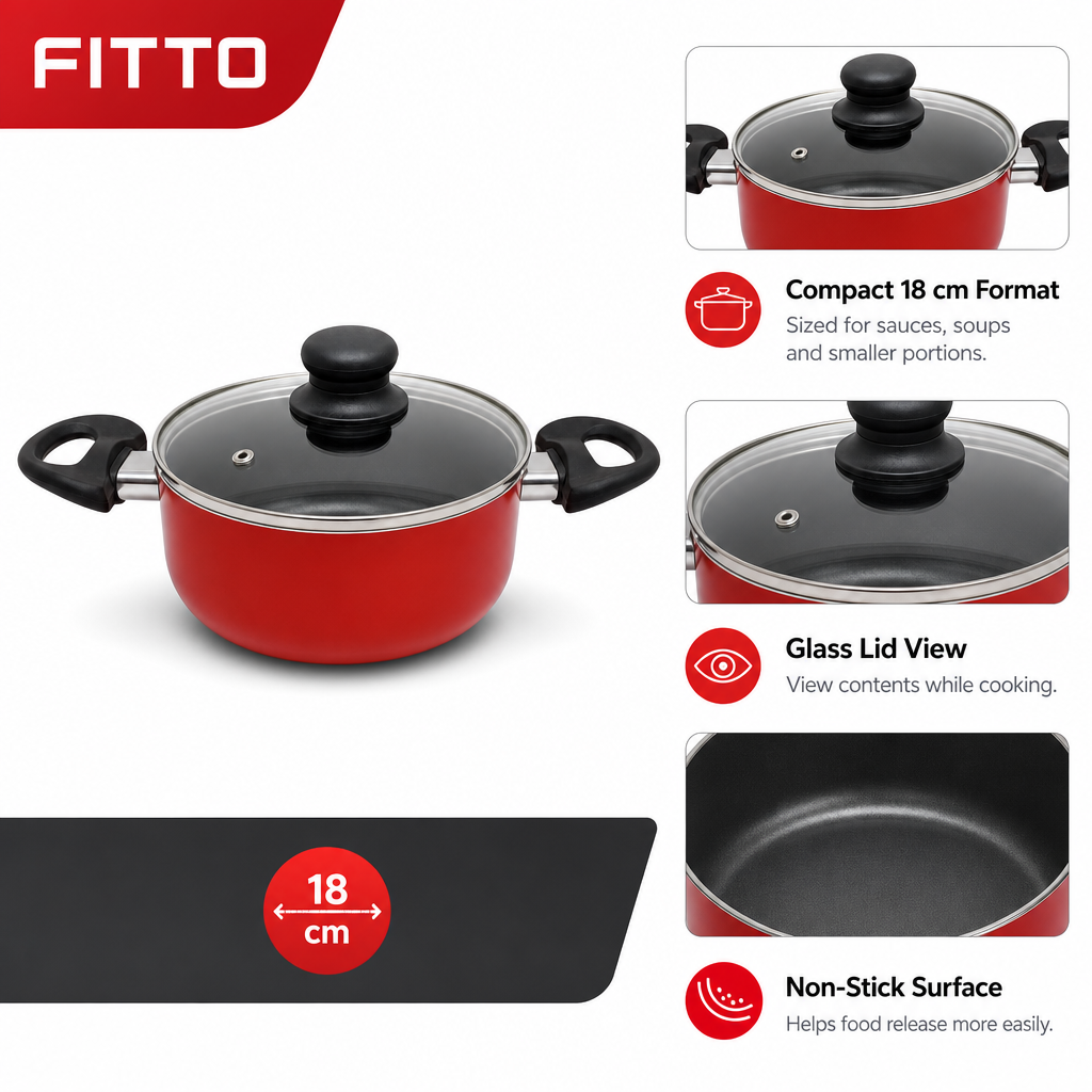 60 Pieces 18 cm Aluminium Non-Stick Saucepot with Glass Lid and Side Handles, Red