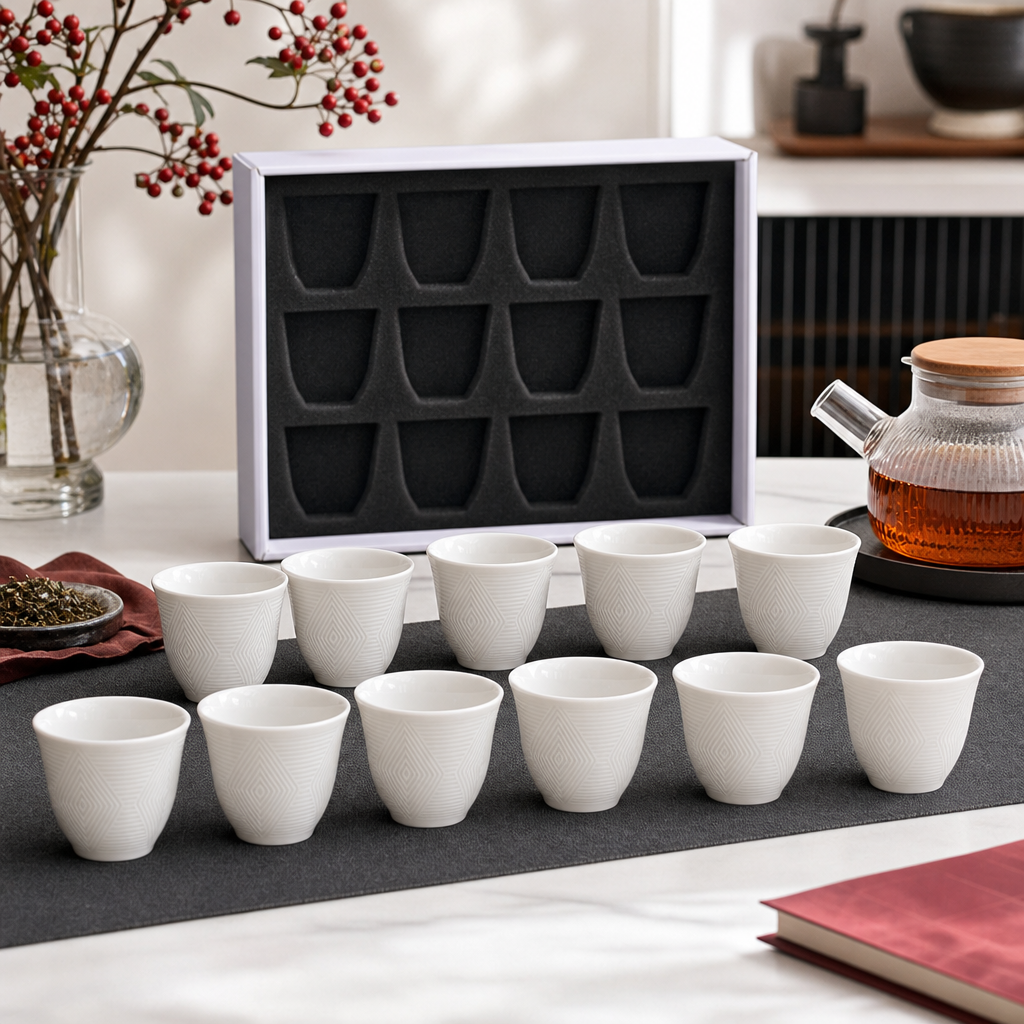 96 Pieces Ceramic Tea Cup Set, White, 12 Pieces, Textured Geometric Design for Home Tea Serving