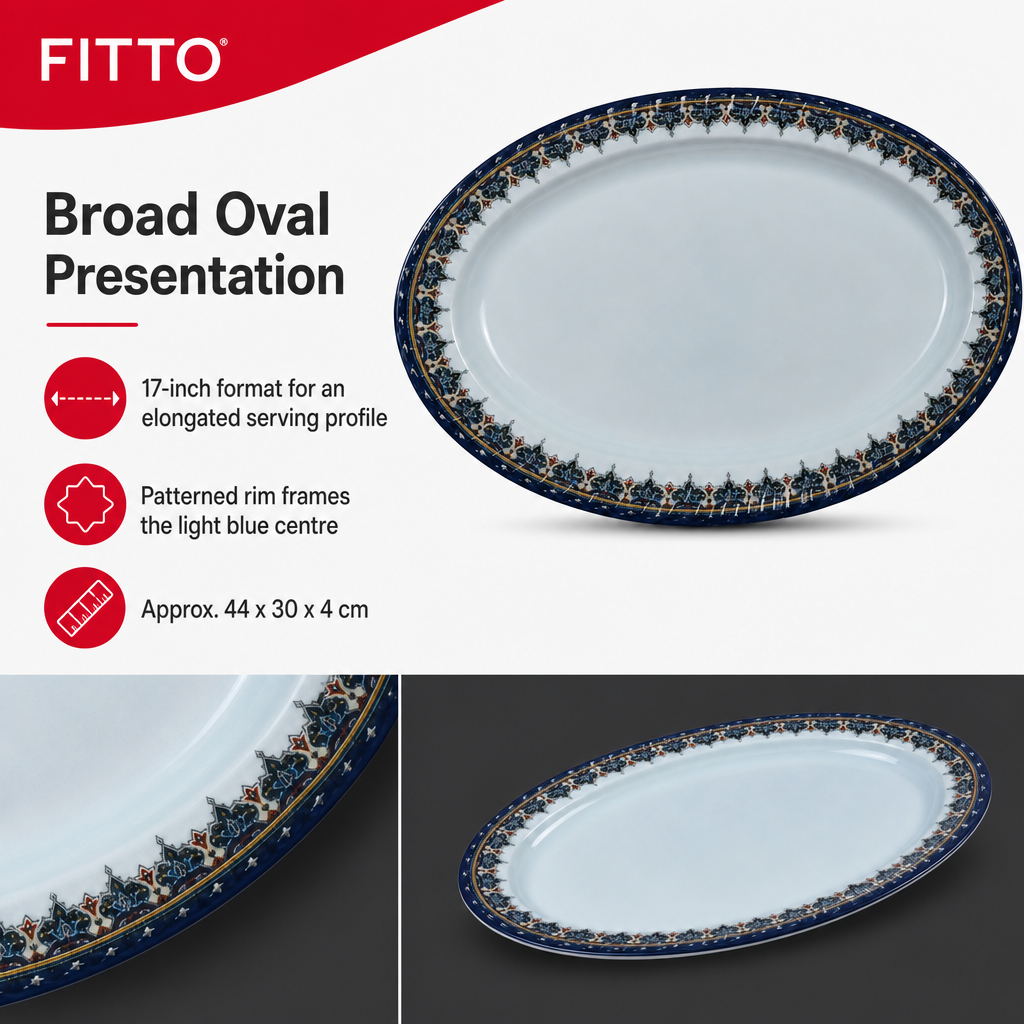 96 Pieces Melamine Oval Serving Plate, 17 Inch, Light Blue With Patterned Rim, Single Piece