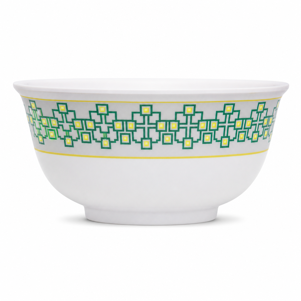 120 Pieces Melamine Rice Bowl, 4.5 Inch, White with Green and Yellow Geometric Pattern